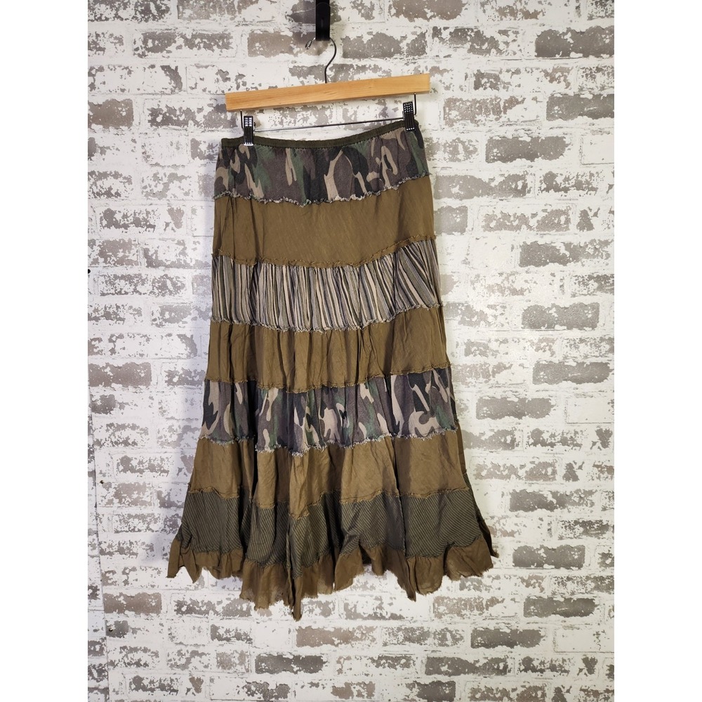 Tiered Patchwork Camo Maxi Skirt Size Medium Green Ruffle Fairy Grunge Y2K Gypsy